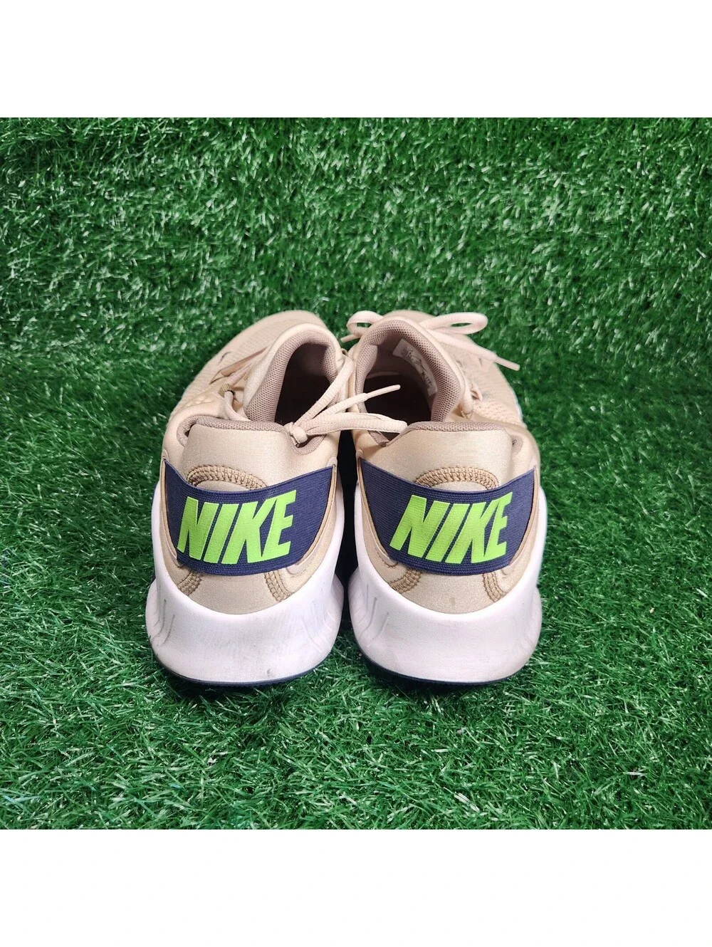 Nike Men's Athletic Sneakers Beige with Navy and Neon Green Accents